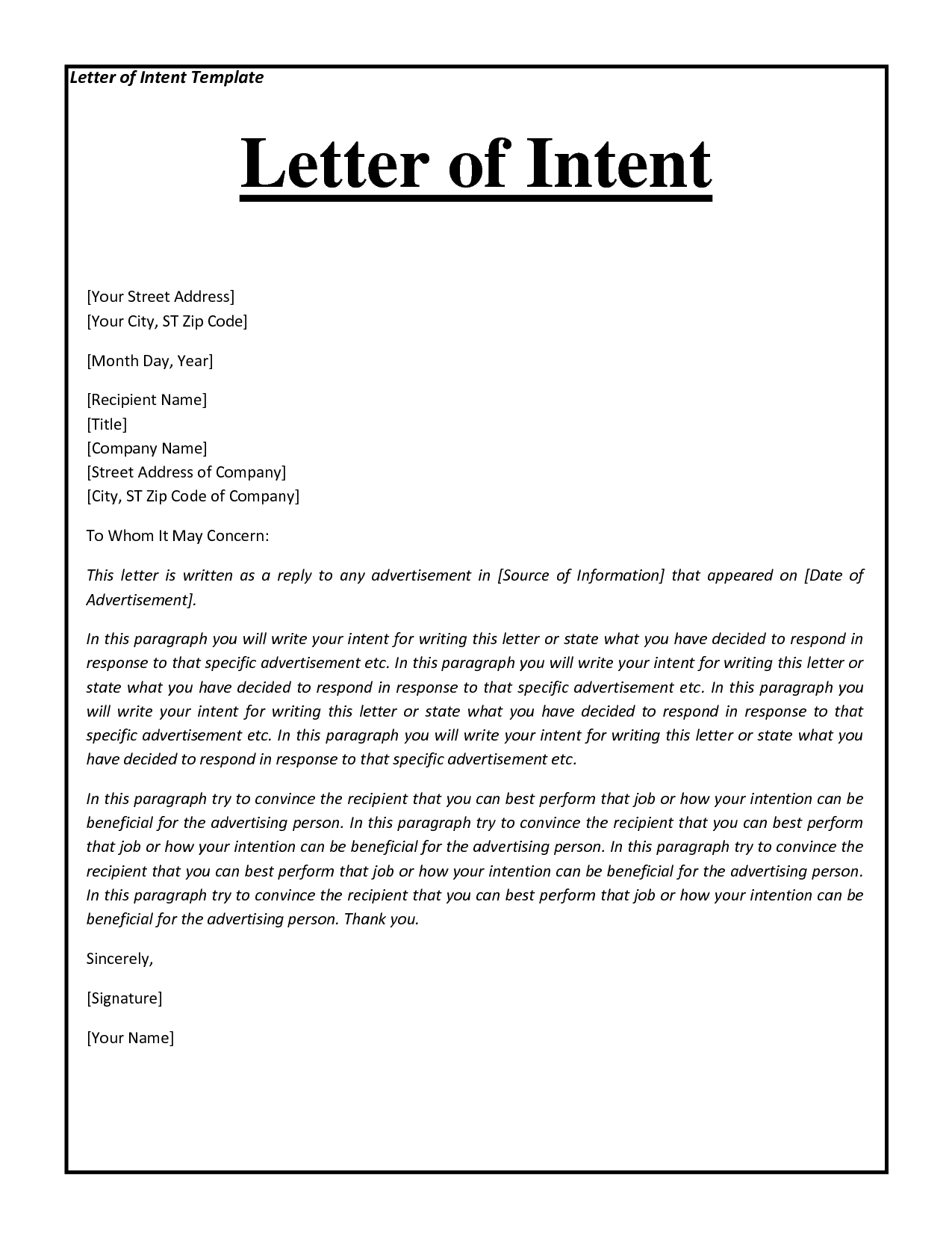 Letter Of Intent Sample Business Mentor