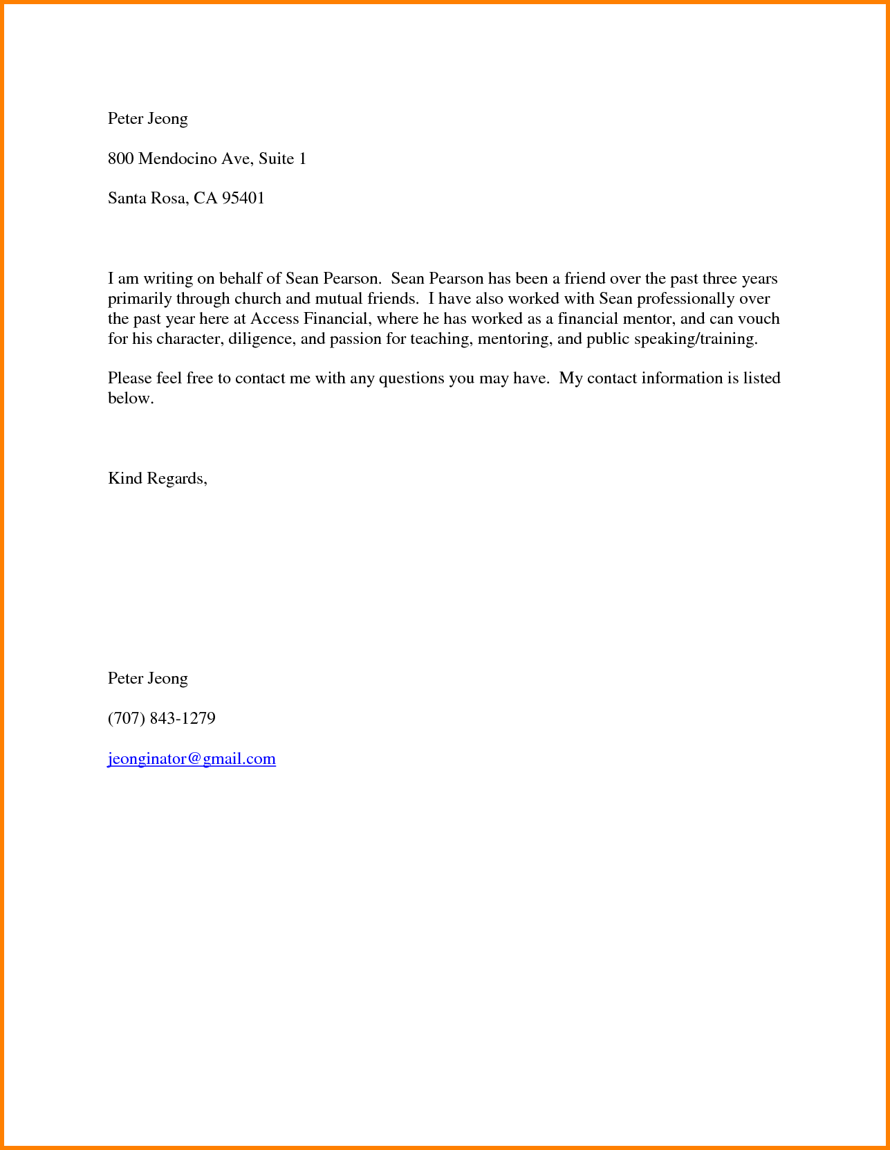 Character Reference Letter For A Friend Business Mentor