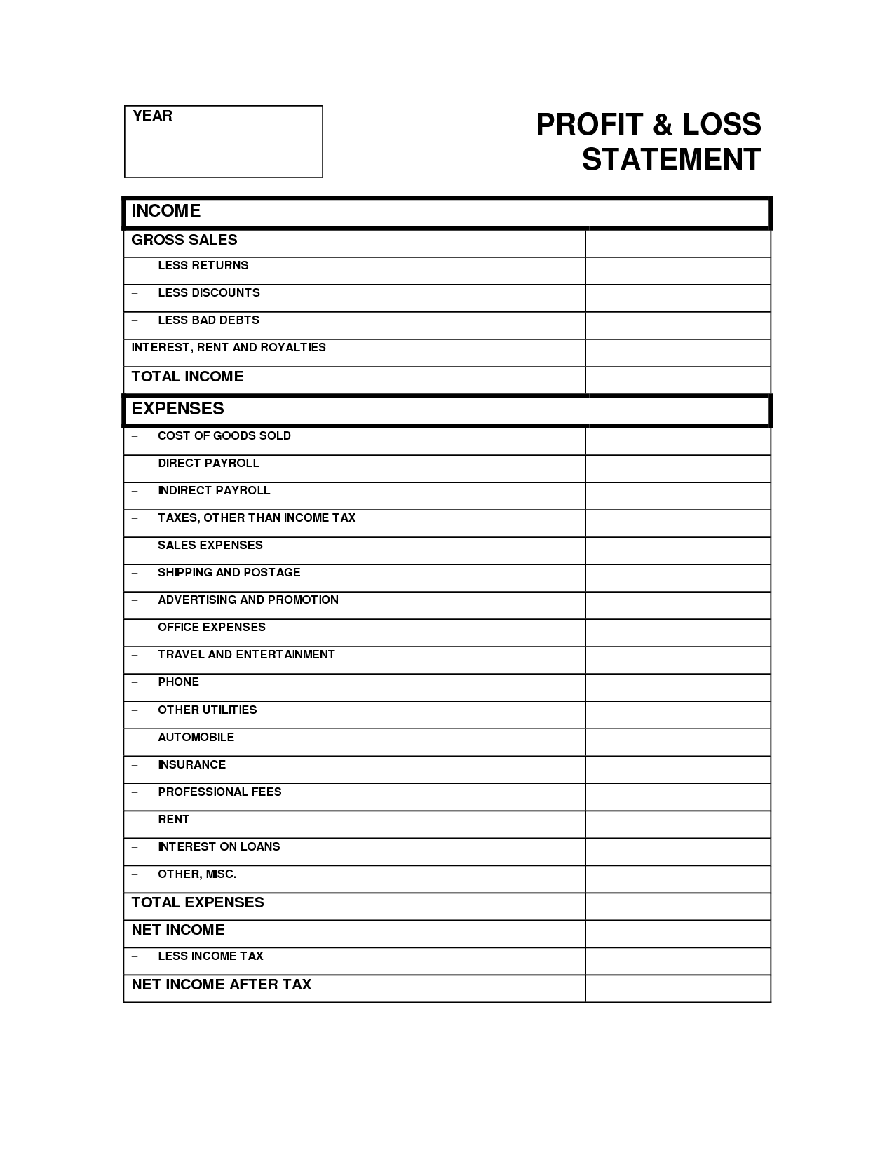 Printable Blank Profit And Loss Statement Business Mentor